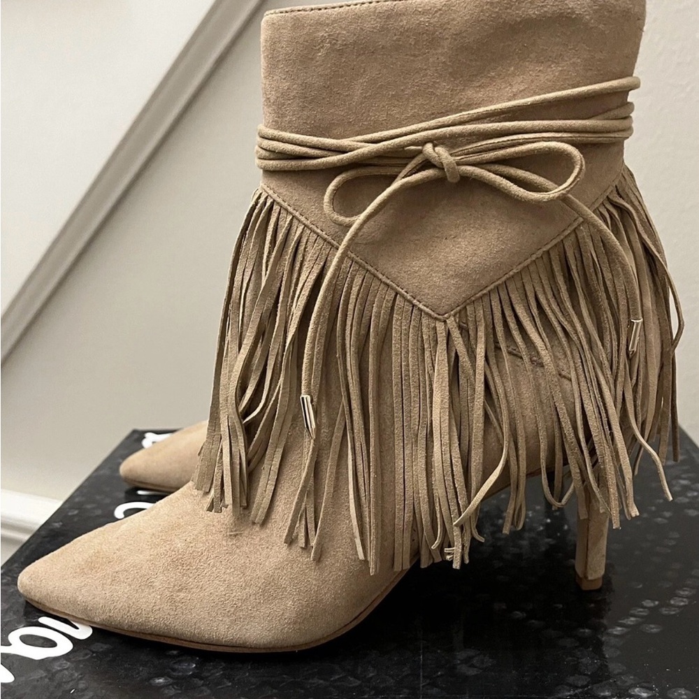 Sam Edelman Marion Tan Fringe Suede Heeled Boots 6.5 -NIB
